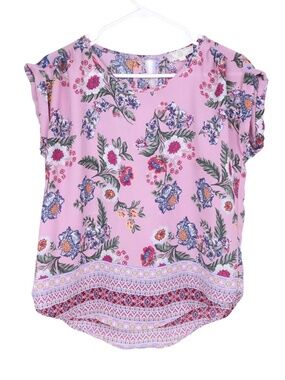 Pink Rose Blouse Womens Small Pink Floral Boho Border Print Short Sleeve Top